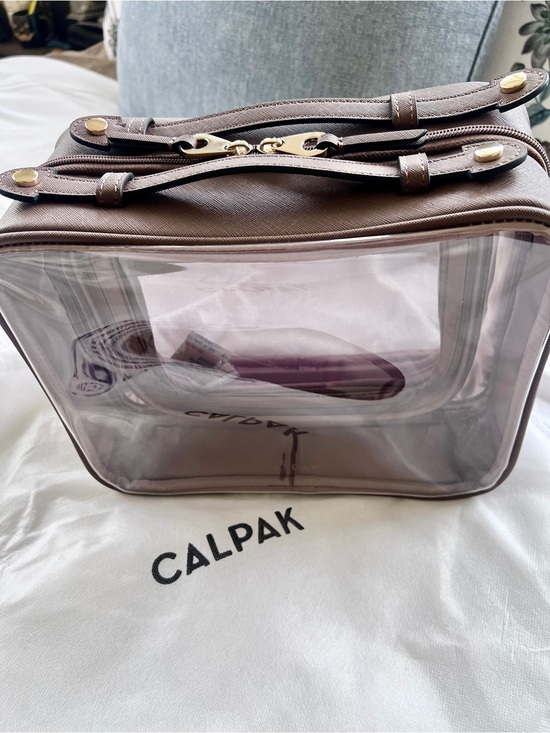 Calpak Handbags - Calpak Clear Large Cosmetic Bag with Mocha Trim and Gold Hardware - New